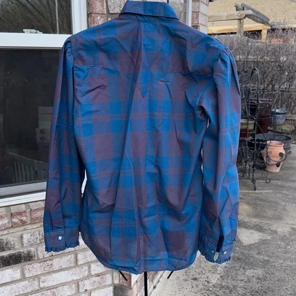 Nos Vintage Rockmount 38 Teal Rust Plaid Pearl Snap Blouse USA made - Picture 8 of 9